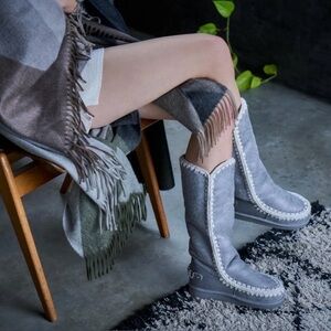 Mou Eskimo Tall Shearling Boots Gray Suede Size 8.5 Whipstitch Winter Boots